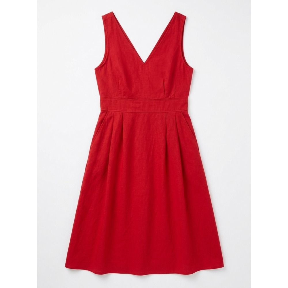 Cynthia Rowley Midi Dress Womens 12 Red 100% Linen Cotton Lined V-Neck Pockets